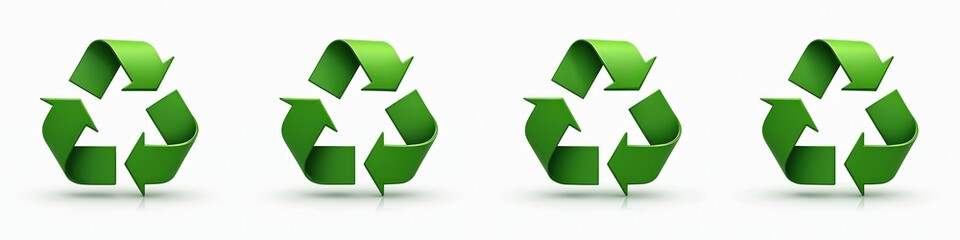 Illustration of four recycling symbols on white background. Symbols are green, 3D, with glossy finish. Eco friendly, environment protection concepts. Reuse, waste reduction. Eco symbol collection.