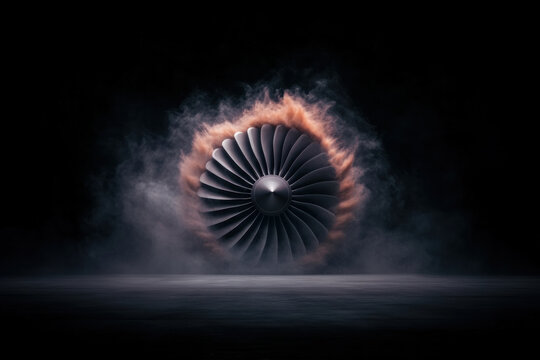 A jet engine is surrounded by smoke and fire