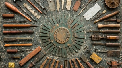 Gardening tools arranged in a circular geometric design for educational use