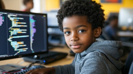 Focused African American Boy Coding, Learning Computer Skills