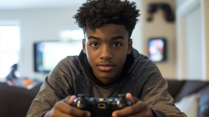 Focused African Teen Plays Video Games Indoors
