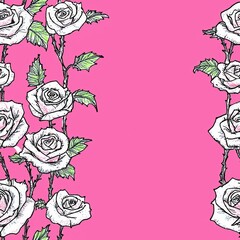 Fototapeta premium Seamless floral pattern featuring intricately engraved roses and thorny branches in black and white, set against a bold color background. Generative by Ai 