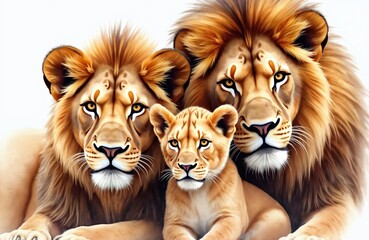 Watercolor illustration features close-up of lion family. Generative AI. African majestic animals resting. Wilderness wildlife predator in Africa savanna. National park close-up for wall art.