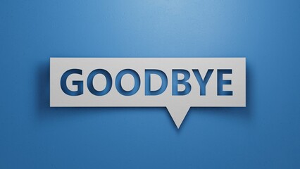 3D illustration of "GOODBYE" in English, using a bold font. It conveys a respectful and formal farewell.White Cut Out Paper.3D rendering on blue background.