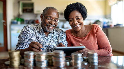 Retired couple smiling while managing their pension funds on a tablet in a peaceful home high quality 