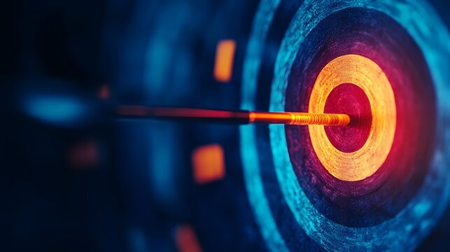 Arrow hitting the center of a vibrant target For symbolizing innovation precision the achievement of goals success leadership confidence strategy Cooncept.