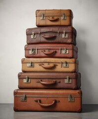 Collection of aged suitcases lined up against a white wall, suitcases, design