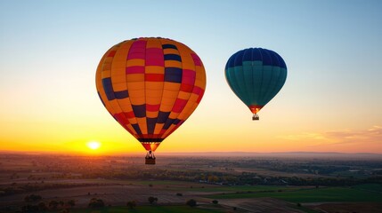 Naklejka premium Hot air balloons sunrise flight over rural landscape