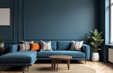 Modern living room interior with blue sofa against dark wall. Minimalist furniture arrangement with couch, pillows, plant. Cozy home lounge, apartment design. Contemporary house decor.