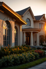 Obraz premium Luxury House at Sunset: Captivating Architectural Design and Landscaping