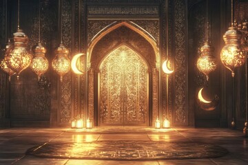 Ornate golden doors illuminated by lanterns in a mystical, richly decorated interior setting