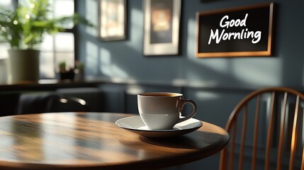 A serene morning scene featuring a steaming cup of coffee on a wooden table, inviting relaxation and comfort. Natural light fills the room, enhancing the cozy atmosphere.