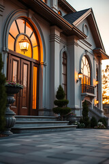 Luxury House Exterior at Sunset: Elegant Architecture and Landscaping Design