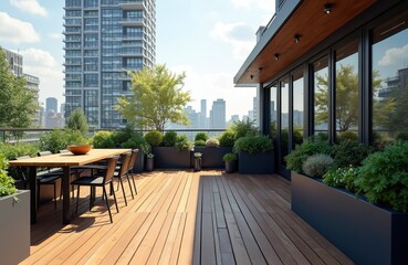 Fototapeta premium Illustration sleek urban rooftop garden design with contemporary planters. Modern outdoor living space featuring green plants, wooden deck, black furniture against city buildings. Terrace garden with