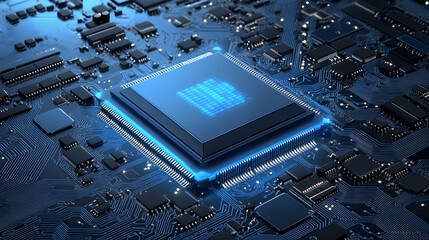 High-tech CPU on circuit board. Possible use in educational materials