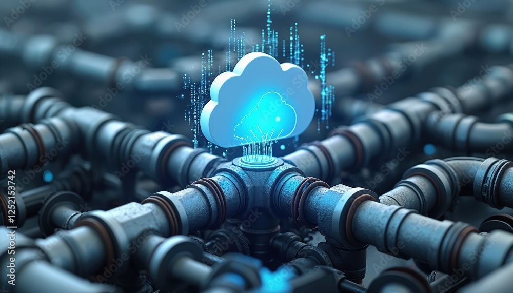 Poster illustration of cloud computing connected to pipe network. concept of industry 4. 0, automation syst