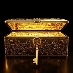 Creative depiction a gold key unlocking a treasure chest, representing financial success.