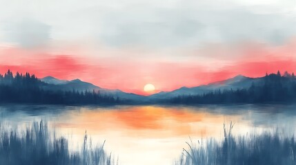 Fototapeta premium Serene Sunset Over Mountain Lake Landscape