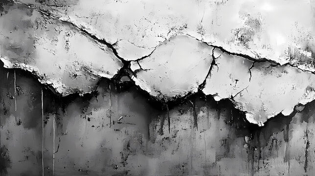 A textured dance of cracked, peeling gray concrete, where fractured lines reveal hidden stories beneath chipped layers, capturing time's relentless passage. Time Fractures. Illustration