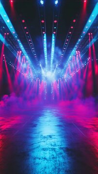  Symmetrical Festival Stage with Moving Disco Lights and Fog. Copy space. Generative AI