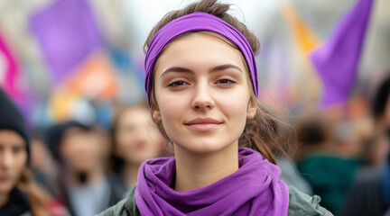 Photo of a woman, with purple headbands on their heads, International Women's Day. March 8, street background, background flags. feminine power. positive energy 