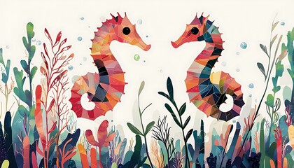 Obraz premium Illustrated poster seahorses with translucent geometric designs floating among colorful underwater plants, Swiss minimalism