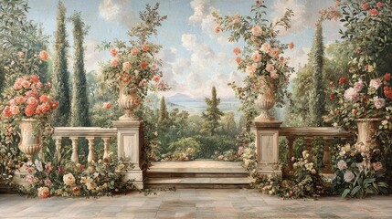 A majestic Roman garden mural with intricate flower vases, lush botanical plants, and elegant forest scenes
