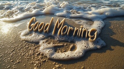 A serene beach scene with the words 'Good Morning' sculpted in sand, surrounded by gentle waves and foamy water, capturing the beauty of a tranquil morning by the sea.