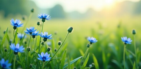 a field of blue prickle flowers swaying in the wind, wildflower, flora, greenery