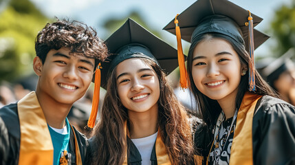 High school graduates at a college orientation, proudly wearing university apparel.