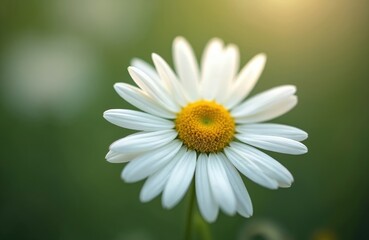Fototapeta premium Close-up of white daisy flower with golden heart. Marguerite petals unfold like sunbursts, revealing its beauty. Floral wallpaper. Chamomile blossom on a blurred green meadow.