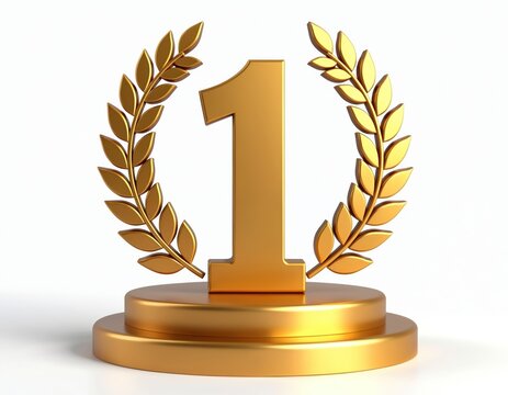Golden one, 1st place, laurel wreath on podium. Success, victory concept. Champion award, best achievement. Ceremony prize, first place in competition, business sport contest. Metallic rendering