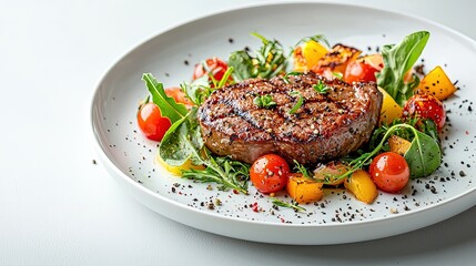Grilled Steak Served with Fresh Vegetables and Herbs on Plate