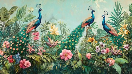 Roman mural wallpaper with peacocks perched among vibrant flowers and lush greenery