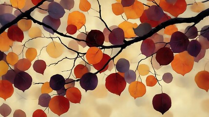 Autumn Leaves on a Branch Displaying Vibrant Colors