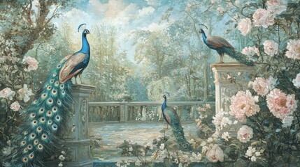 Timeless Roman mural wallpaper with a serene forest garden, peacocks, and blooming flowers