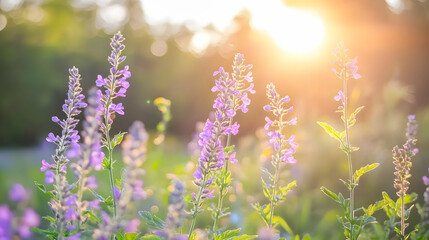 Naklejka premium Sunset wildflowers meadow, nature background