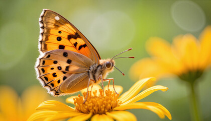 Obraz premium Butterfly resting on a yellow flower with a soft green background