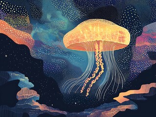Illustrated poster jellyfish with intricate geometric patterns glowing in an underwater abyss, Swiss minimalism