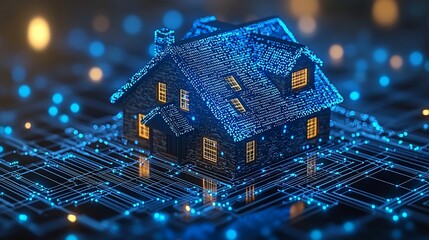 Digital home on circuit board, futuristic technology background, possible use in tech innovation