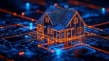 Digital house on circuit board, future home, smart technology, 3D rendering