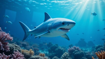 Great white sharks swimming in the blue ocean with colorful coral background