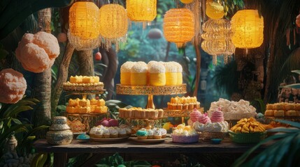 Fototapeta premium A vibrant display of assorted desserts in a lush, tropical setting with illuminated lanterns
