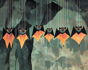 Illustrated poster featuring bats with geometric wings hanging from a stylized cave ceiling, Swiss design