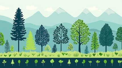 Illustrated guide to renewable forestry with geometric representations tree planting cycles