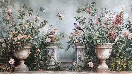 Ornamental Roman garden mural with birds perched among lush botanical plants and floral vases