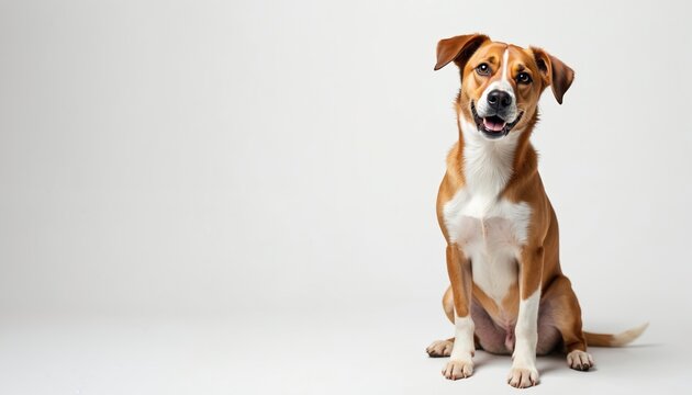 Curious mixed breed dog sits on white background, turning head with inquisitive expression. Happy mongrel looking friendly. Modern simple spontaneous shot. Furry animal sits watchful, alert,