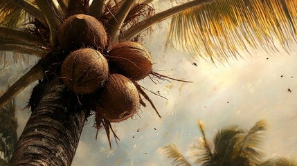Ripe coconuts cluster on palm tree, tropical sky background, summer vacation imagery