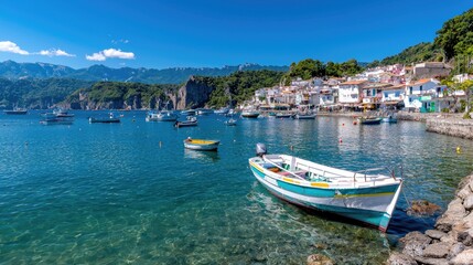 Fototapeta premium Coastal town harbor with boats on a sunny day