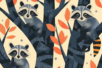 Illustrated poster featuring raccoons with geometric masks climbing stylized trees, Swiss design theme